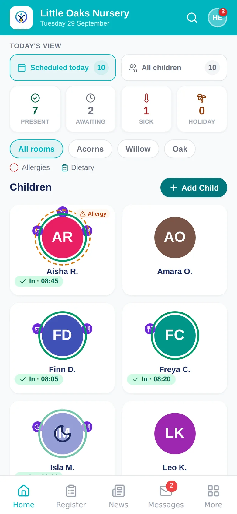 The Home screen in the Yenlio app: today's view with children present, awaiting and sick, room filters, and a card for each child showing their sign-in time