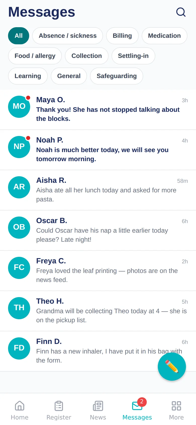 The Messages screen in the Yenlio app: conversations with parents about each child, filtered by topic such as absence, medication and collection