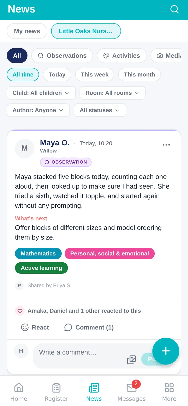 The News screen in the Yenlio app: an observation about a child, tagged with EYFS areas, with a next step and parent reactions
