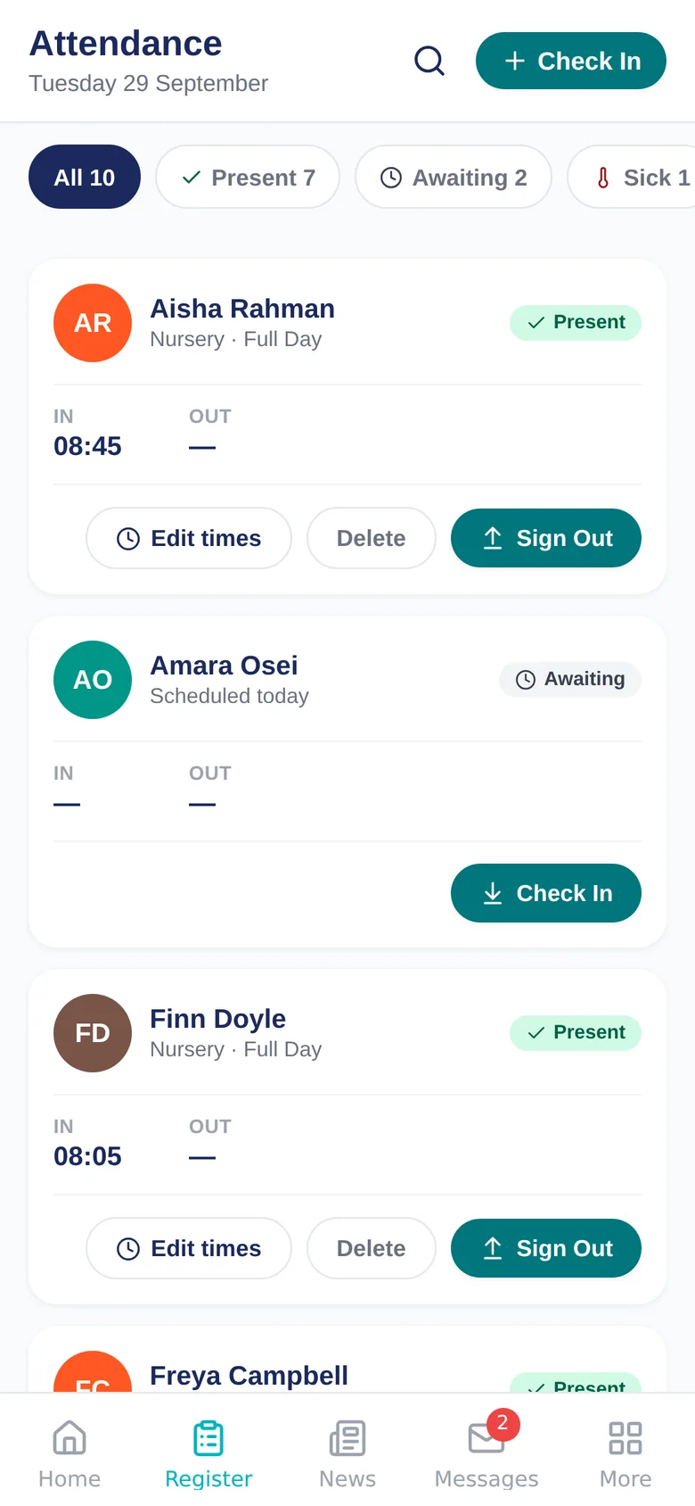 The Register screen in the Yenlio app: today's attendance list with each child's sign-in time and Sign Out and Check In buttons